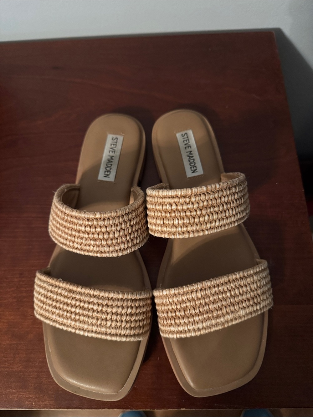 Steve Madden Tan Woven Double-Strap Slide Sandals